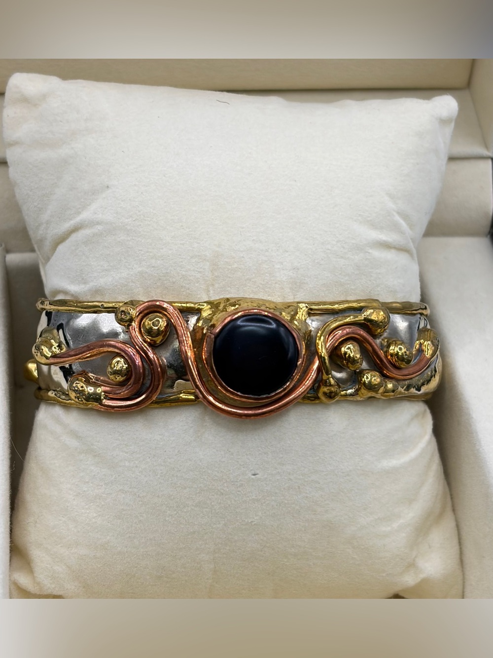 Mixed Metal Cuff Bracelet with Black Stone